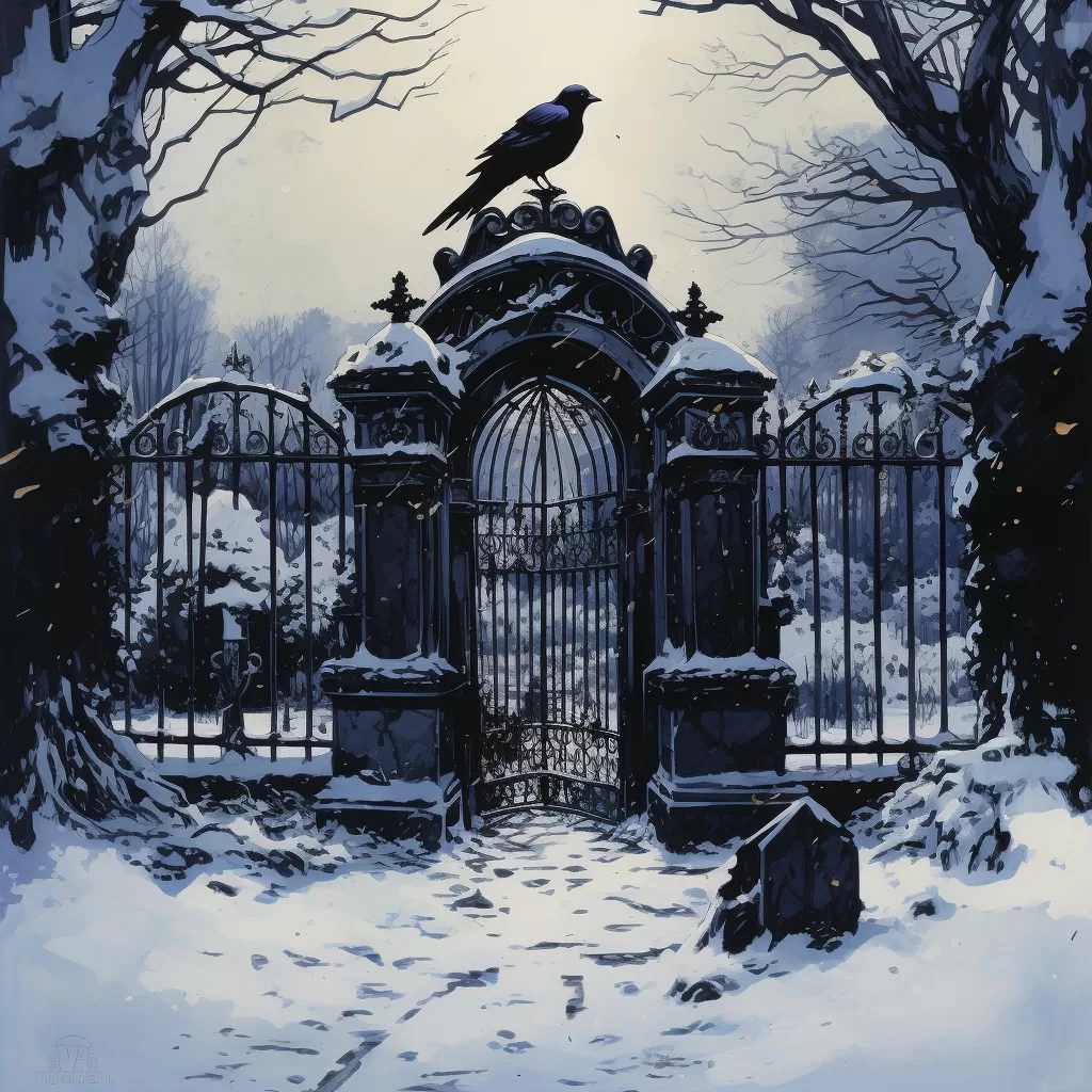 Hřbitovní brána s vránou