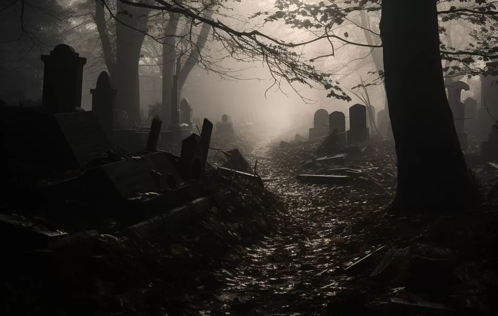 Opuštěný hřbitov za soumraku v mlze