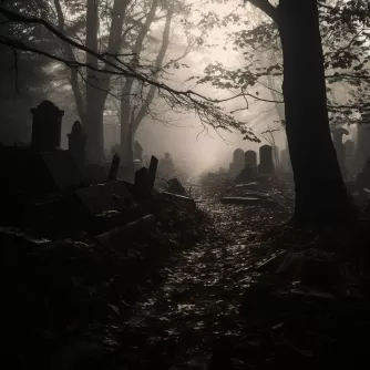 Opuštěný hřbitov za soumraku v mlze