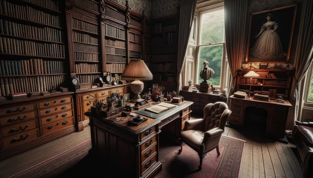 Klasický pokoj plný knih s historickým nábytkem a uměleckými díly