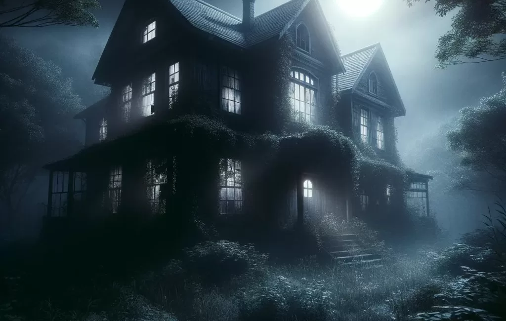Fotografie tmavého, zchátralého domu s rozbitými okny a zarostlou vegetací kolem. Měsíční světlo vrhá strašidelné stíny a okolí zahaluje hustá mlha, která navozuje pocit předtuchy.
