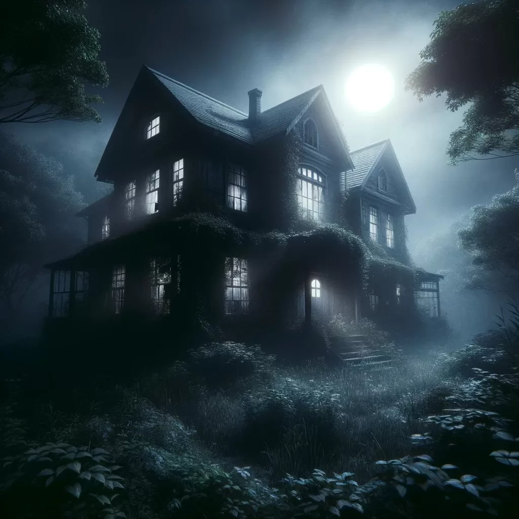 Fotografie tmavého, zchátralého domu s rozbitými okny a zarostlou vegetací kolem. Měsíční světlo vrhá strašidelné stíny a okolí zahaluje hustá mlha, která navozuje pocit předtuchy.