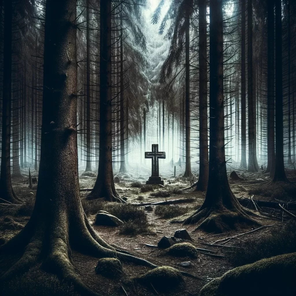 Kříž uprostred jehlicnateho lesa v děsivé atmosfere