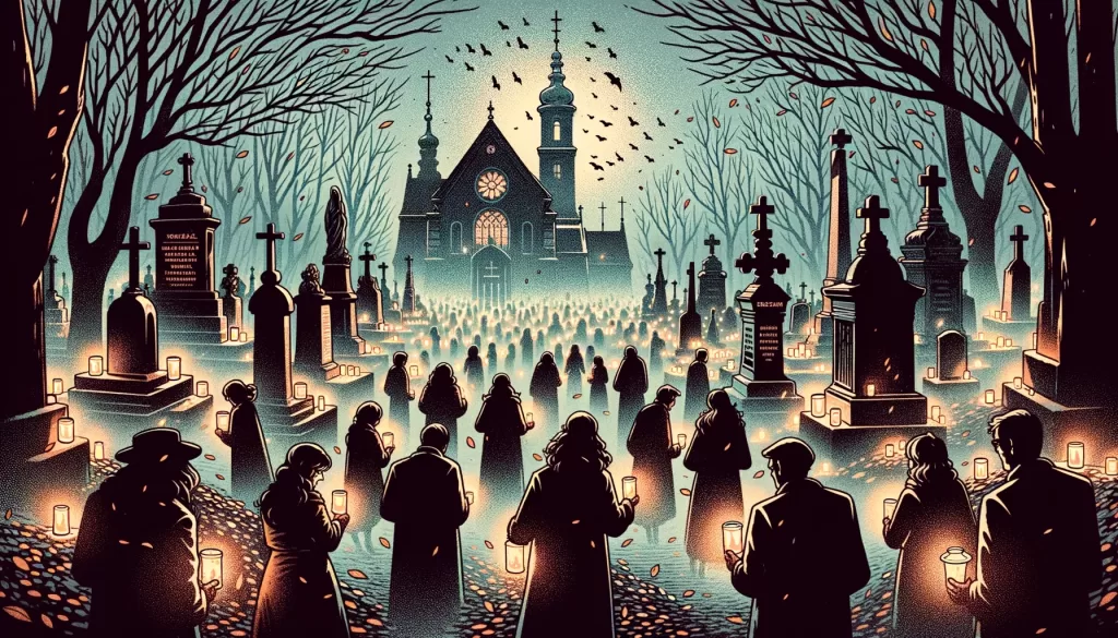 Širokoformátová ilustrace v historickém komiksovém stylu, která evokuje mrazivého ducha českého svátku Všech svatých a mrtvych.